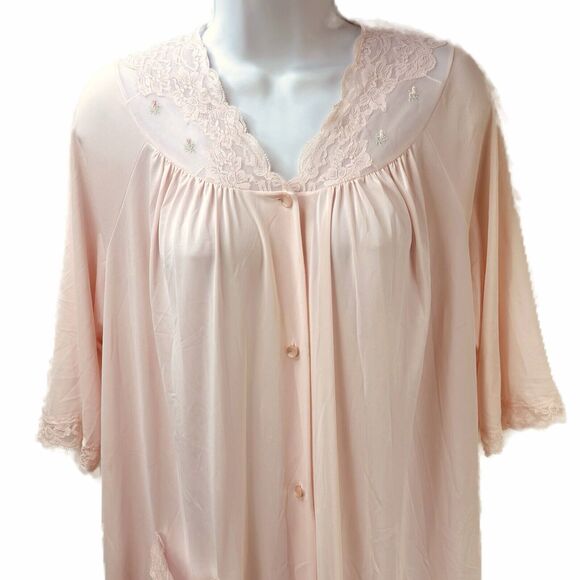 Shadowline Robe Womens M Vintage Nylon Floral Lace Pink 3/4 Sleeve Lightweight - Picture 7 of 15